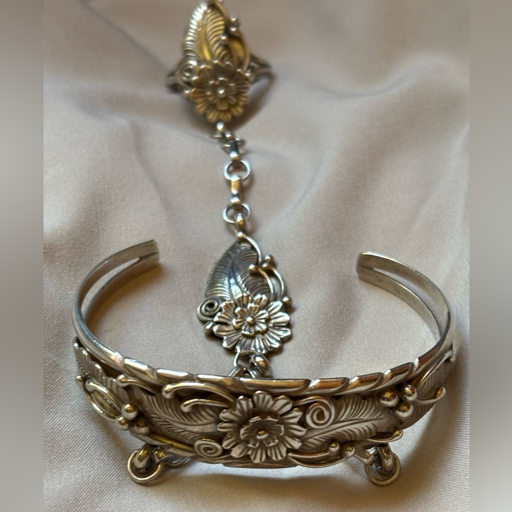Harrison B Yazzie Navajo Sterling Silver Floral Slave Bracelet